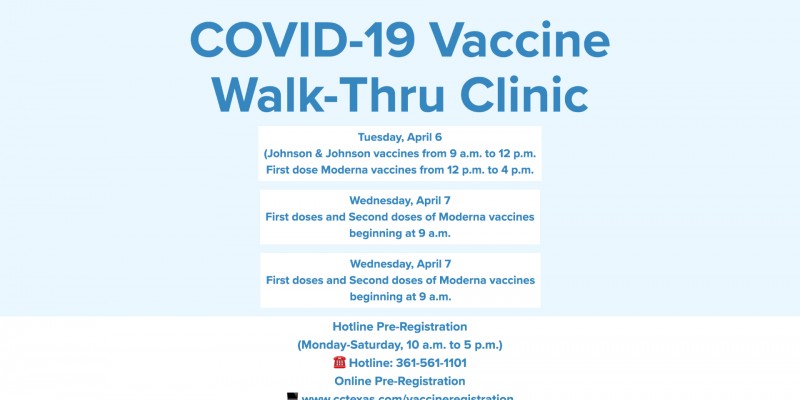 On Tuesday, April 6, Wednesday, April 7, and Thursday, April 8 the Corpus Christi–Nueces County Public Health District will administer Moderna and Johnson & Johnson vaccines during a walk-thru clinic at the Richard M. Borchard Regional Fairgrounds.