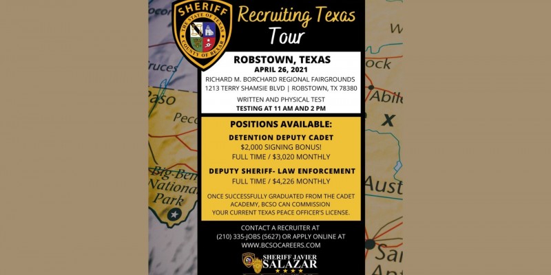 Recruiting Law Enforcement Bexar County April 26th from 9:00am-5:00pm. Recruiting event will be held at the Richard M. Borchard Regional Fairgrounds in Ballroom B. Positions Available, Detention Deputy Cadet and Deputy Sheriff - Law Enforcement.